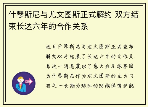什琴斯尼与尤文图斯正式解约 双方结束长达六年的合作关系 什琴斯尼与尤文图斯正式解约 双方结束长达六年的合作关系