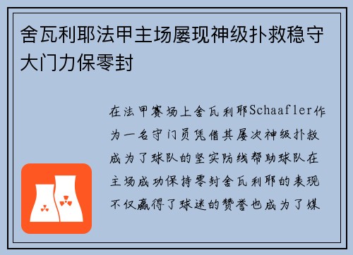 舍瓦利耶法甲主场屡现神级扑救稳守大门力保零封
